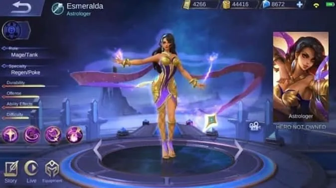 Screenshot of Esmeralda using her skills in a Mobile Legends match.